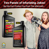 Alternative Product Image: Two views of "Headlight Fluid" prank bottle; man being punched, woman yelling.