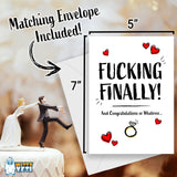 Main Product Image: "F*CKING FINALLY!" engagement card with dimensions (5x7 inches) and a matching envelope, next to a wedding cake topper.