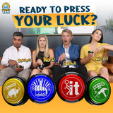 Alternative Product Image: Four individuals on a couch holding buzzers labeled "Bullsh*t!", "Nope!", "F#&%!?", and "Nailed It!", under the text "READY TO PRESS YOUR LUCK?" buttons.