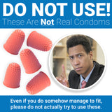 Alternative product image: Warning label stating 'DO NOT USE! These Are Not Real Condoms' with finger condoms shown.