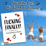 Alternative Product Image: "F*CKING FINALLY!" engagement card with rainbow hearts, text "This Card Is for Everyone!", and two women jumping in the background.
