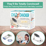 Alternative Product Image: "CHILD CHUCKER" empty prank box with text emphasizing it's a fake baby launcher.