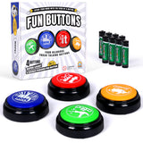 Main Product Image: "Fun Buttons" set with four talking buttons, packaging, and batteries.