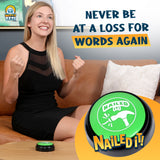 Alternative Product Image: Excited woman with fists clenched, a "Nailed It!" button on a table; text "Never Be At a Loss For Words Again".