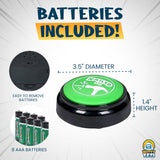 Alternative Product Image: Dimensions and features of a "Fun Button" shown (3.5 x 1.4 inches) with AAA batteries included and easy to remove.