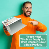 Alternative Product Image: Man pointing to an open "CHILD CHUCKER" empty prank box with a note stating it's not real.