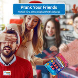 Alternative product image: Woman playfully covering a man's eyes while holding the Extra Small Condoms gag gift, suggesting a prank.