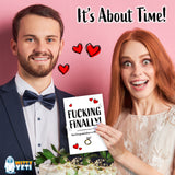Alternative Product Image: Couple, appearing to be a groom and bride, holding a "F*CKING FINALLY!" engagement card. The groom appears to be of Caucasian descent and the bride appears to be of Caucasian descent with red hair.
