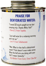 Alternative Product Image: Back of "Dehydrated Water" prank gift can featuring funny customer "praise".