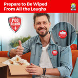Alternative Product Image: Smiling man holding soiled wipes from a box, wearing "I Survived A Shart Attack" button pin.