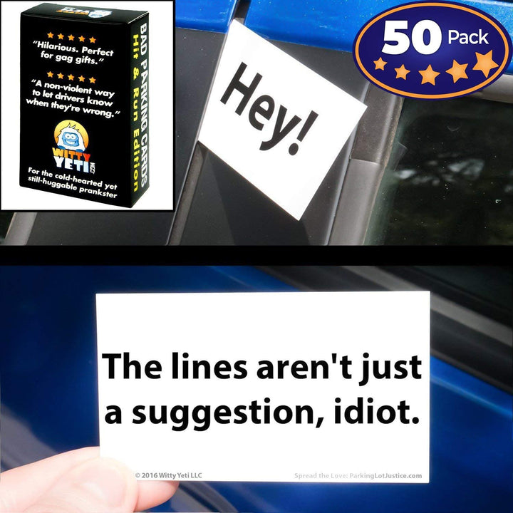 Alternative product image: Hand placing a 'The lines aren't just a suggestion, idiot.' bad parking card on a blue car window, with the card box visible.