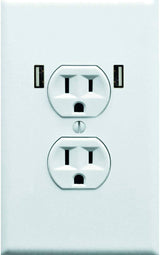 Main Product Image: White Wall Outlet with USB Ports. Close-up of a standard duplex receptacle with integrated USB slots.