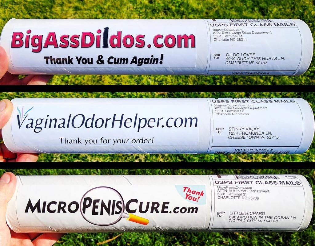 All three Witty Yeti prank mail tubes — BigAssDildos, VaginalOdorHelper, and MicroPenisCure — showing the labels and fake shipping addresses