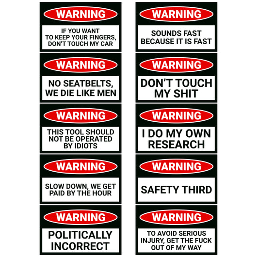 Witty Yeti Colorful Machinery Gag Warning Bumper Stickers 10 Pack